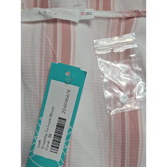 LUSH Krisantha Tie-Front Button Batwing Blouse Coral White Stripe Plus 3X New - Picture 6 of 6